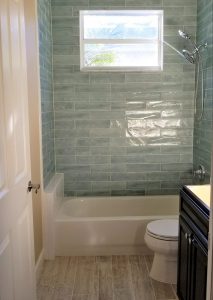 Bathroom tile tub surround and tile floor installation